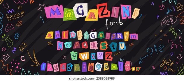 Magazine font set with colorful cutout letters, numbers and punctuation marks. Collage vector alphabet in trendy style with cute doodle elements. Newspaper or ransom font. Cut out paper torn alphabet