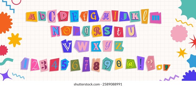 Magazine font set with colorful cutout letters, numbers and punctuation marks. Collage vector alphabet in trendy style with cute doodle elements. Newspaper or ransom font. Cut out paper torn alphabet