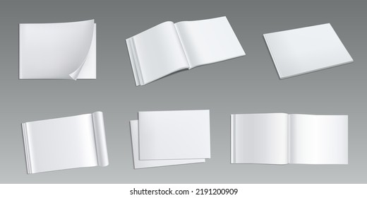 Magazine, horizontal, album mock up, brochure or booklet template. Isolated open notebook with white blank pages. Empty paper catalog, journal on grey background, Realistic 3d vector illustration