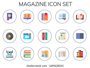 magazine icon set. 15 flat magazine icons. Included book, cd, ebooks, library, newspaper, open book, reading, read, books icons