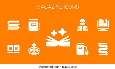 magazine icon set. 9 filled magazine icons. Included Book, Read, Dictionary, Books, Ebook, Reading icons