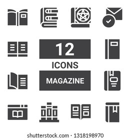 magazine icon set. Collection of 12 filled magazine icons included Book, Books, Read