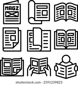 Magazine icon set. containing book, library, read, author, journal, reading, bookshelf, e-book and more.