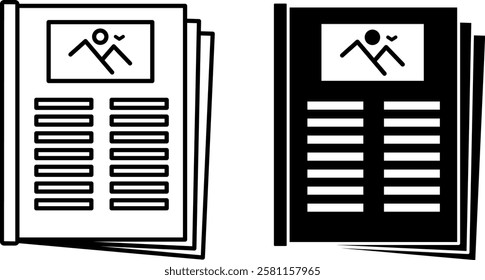 Magazine Icons. Black and White Vector Icons. Periodical Printed Publication in Bright Cover. Journalism Concept