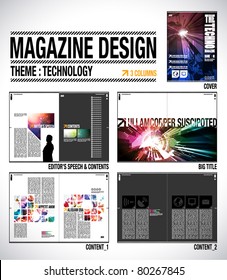 Magazine Layout Design Template With Cover + 8 Pages (4 Spreads) Of Contents Preview.