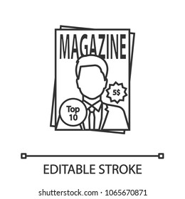Magazine linear icon. Thin line illustration. Tabloid. Periodical publication with celebrity photo. Contour symbol. Vector isolated outline drawing. Editable stroke