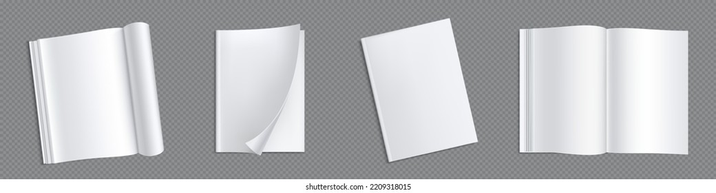 Magazine Mock Up, Brochure Or Booklet Template. Isolated Open Vertical Notebook With White Blank Pages. Empty Paper Book, Catalog, Journal On Transparent Background, Realistic 3d Vector Illustration