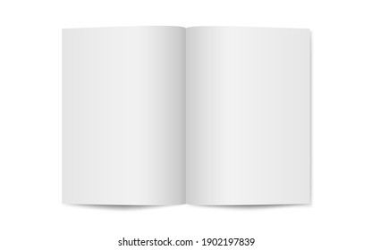 Magazine Mockup On White Backdrop. Opened Magazine Template. Vertical Catalog Or Brochure. Realistic Mockup With Soft Shadow. Clean Open Blank. Vector Illustration.