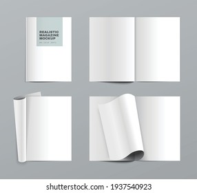 Magazine mockup realistic set of blank opened white paper sheets monochrome vector illustration