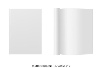 Magazine pages mockups. Vector isolated open journal pages rolled and curved backward. Realistic publication layouts set. Presentation, branding showcase and publishing preview. Blank periodicals