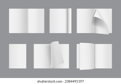 Magazine pages. Opened paper of brochures or magazines decent vector realistic mockup templates