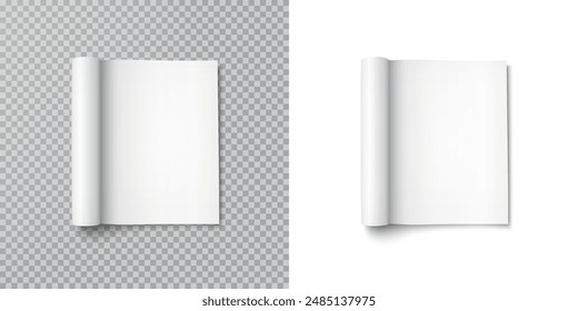 Magazine with rolled white paper pages isolated on transparent background. Vector open blank book, catalog or brochure with folded sheets mockup