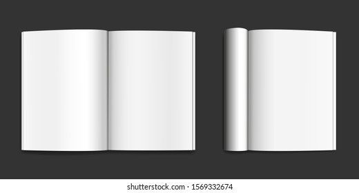 Magazine spread mockup set with realistic highlight. Vector illustration. Opened A4 notepad for education and business. Sketchpad empty template. Blank clear paper notepad. Journal model top view.