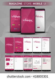 Magazine Store Material Design UI, UX, GUI Screens And Flat Web Icons For Mobile Apps, Responsive Website With Welcome, Sign Up, Login Form, Category, Filter, Product Details And Your Cart Features. 