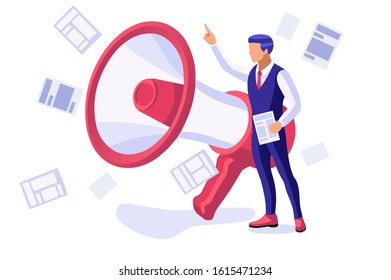 Magazine street stand, publications for reading and buying male daily press and media. International cartoon characters, person with loudspeaker to public audience for news. Flat vector illustration.