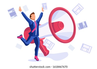 Magazine street stand, publications for reading and buying male daily press and media. International cartoon characters, person with loudspeaker to public audience for news. Flat vector illustration.