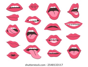 Collage estilo revista con labios femeninos. Vector de expresión aislada de emociones de felicidad y tristeza. Diseño moderno, arte creativo de la boca con lápiz labial, dientes y lengua con diferentes expresiones