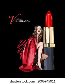 Magazine style composition woman makeup artist hold red lipstick rouge on red girl's lip and lipstick illustration