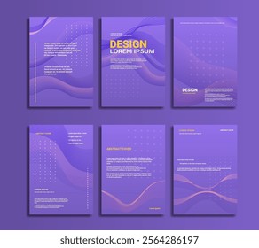 Magazine Template with Abstract Cover for corporate and business branding. Purple wave patterns with dotted grid accents and modern typography. A4 layout for flyers brochures and marketing