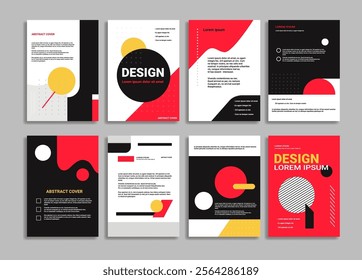 Magazine Template with Abstract Design for advertising and corporate branding. Bold geometric shapes with red black and yellow color scheme. A4 format for brochures flyers and marketing