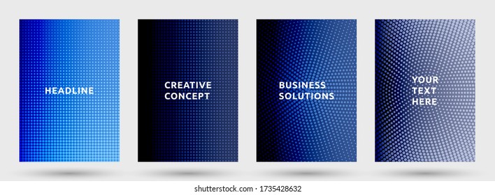 Magazine templates vector set. Cool halftone brochure covers. Dots halftone texture front pages geometric design. Gradient backgrounds cover page layouts. Nise dots texture backdrops.