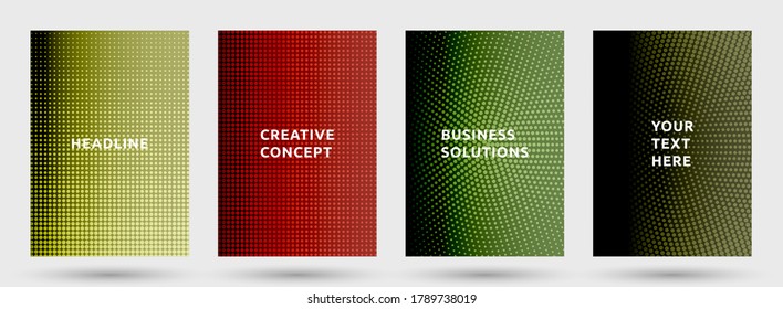 Magazine templates vector set. Cool halftone brochure covers. Noise halftone texture front pages geometric design. Gradient backgrounds cover page layouts. Nise dots texture composition.