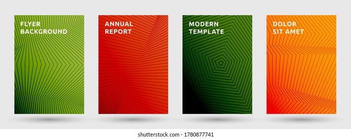 Magazine templates vector set. Flat halftone pattern covers. Title pages with halftone lines texture geometric design. Gradient broken lines cover page layouts. Parallel stripes geometry.