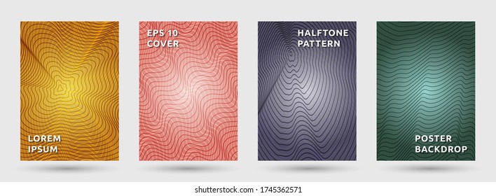 Magazine templates vector set. Minimal halftone pattern covers. Title pages with halftone waves texture geometric design. Gradient curve lines cover page layouts. Dynamic backdrops.