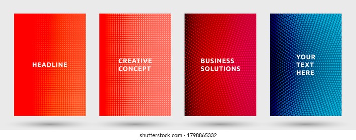 Magazine templates vector set. Minimal halftone pattern covers. Noise halftone texture title pages geometric design. Gradient backgrounds cover page layouts. Nise dots texture backdrops.