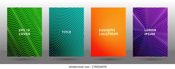 Magazine templates vector set. Modern halftone pattern covers. Title pages with halftone texture geometric design. Gradient business cover page layouts. Dynamic backgrounds.