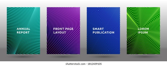 Magazine templates vector set. Trendy halftone pattern covers. Front pages with halftone texture geometric design. Gradient publication cover page layouts. Dynamic composition backgrounds.