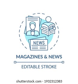 Magazines and news concept icon. Online library catalogue idea thin line illustration. Available online press. Digital Library. Vector isolated outline RGB color drawing. Editable stroke