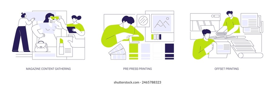 Magazines and newspaper manufacturing abstract concept vector illustration set. Magazine content gathering, pre-press printing, offset printing, polygraphy business, typography abstract metaphor.