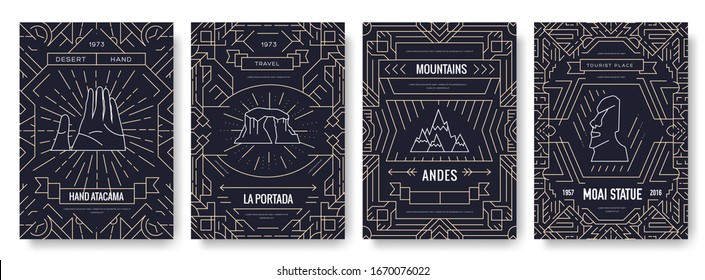 Magazines, posters, book cover, banners. Layout culture monument outline illustrations modern pages. Chile vector brochure cards thin line set. Country travel template of flyer,