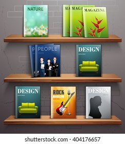 Magazines and textbooks on 3d bookstore shelves realistic vector illustration