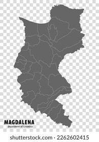 Mapa del Departamento de Magdalena de Colombia sobre fondo transparente. Mapa en blanco de Magdalena con regiones en gris para el diseño de tu sitio web, logotipo, aplicación, interfaz de usuario. Colombia. EPS10.