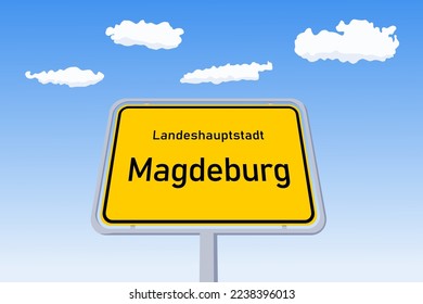 Magdeburg city sign in Germany. City limit welcome road sign. Landeshauptstadt means State Capital in German language.