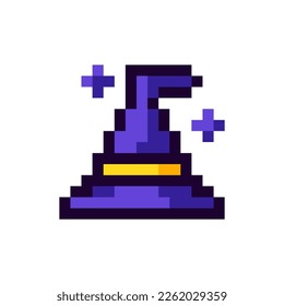 Mage Cap Pixel Art gaming item. Game pixel sorcerer Cap icon, witch hat 8Bit game resource. Pixelart vector Illustration isolated on white background.