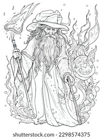 Mage elf in a magical fire vector coloring book black and white for kids and adults isolated line art on white background.