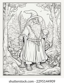 Mage elf in a magical forest vector coloring book black and white for kids and adults isolated line art on white background.