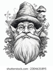 Mage elf portrait vector coloring book black and white for kids and adults isolated line art on white background.