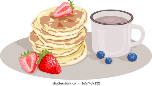 mage of hot pancakes with strawberries and blueberries,and a cup of flavored cocoa with delicate foam.stock isolated illustration on white background for printing on postcards,websites,shopadvertising