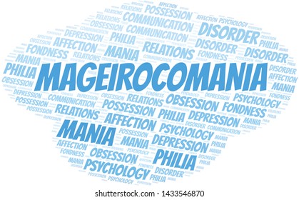 Mageirocomania word cloud. Type of mania, made with text only.