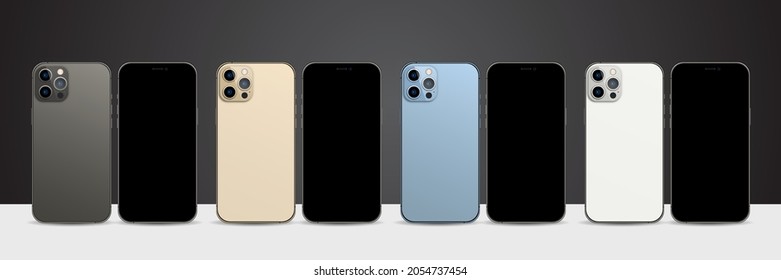 Magelang, Indonesia - October 07, 2021. Collection Of Iphone 13 Pro Or Pro Max In Four Colors (Graphite, Gold, Sierra Blue, And Silver) By Apple Inc. Mock Up Screen Iphone And Back Side Phone