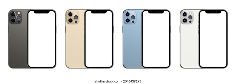 Magelang, Indonesia - September 22, 2021. Collection of iphone 13 pro in four colors (Graphite, Gold, Sierra Blue, and Silver). Mock up screen iphone and back side phone