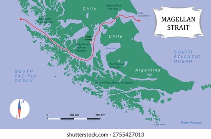 Magellan strait map.Vector education illustration