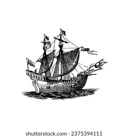 Magellan's ship Victoria, skippered by the Portuguese navigator Juan Sebastian del Cano, the first vessel to circumnavigate the globe 1522, from a 16th century engraving.