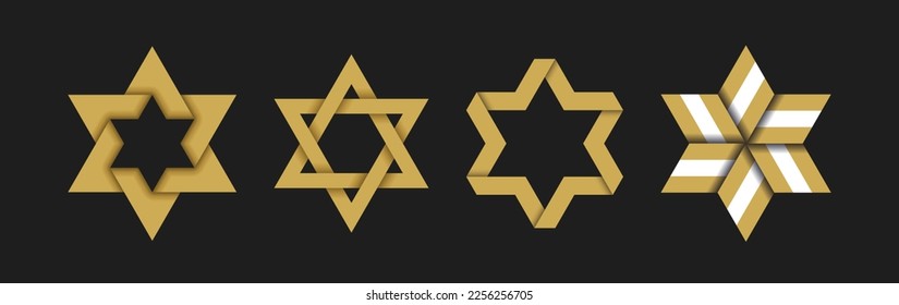 Magen David realistische Sterne mit Schnittstreifen und miteinander verflochtenen Streifen-Papier-Schatten-Vektorgrafik