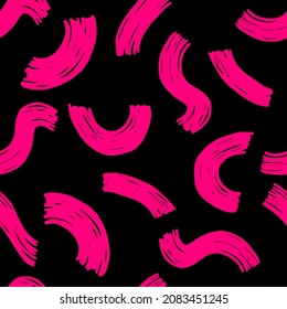 Magenta abstraktes, nahtloses Muster auf schwarzem Hintergrund. Linien, Formen, Kurven, Bögen. Vektordesign für Textilien, Hintergrund, Kleidung, Umhüllungspapier und Tapete. Modegrafik nahtloses Muster.