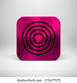 Magenta abstract technology app icon, button template with circle perforated speaker grill pattern, metal texture (chrome, steel) and realistic shadow for interfaces (UI) and applications (apps).